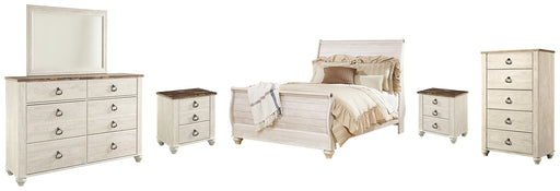 Willowton Queen Sleigh Bed with Mirrored Dresser, Chest and 2 Nightstands (8026993688893)