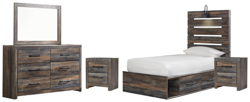 Drystan Twin Panel Bed with 4 Storage Drawers with Mirrored Dresser and 2 Nightstands (8027134558525)