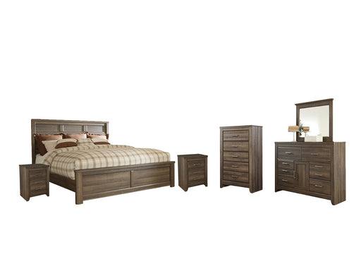 Juararo Queen Panel Bed with Mirrored Dresser, Chest and 2 Nightstands (8026980974909)