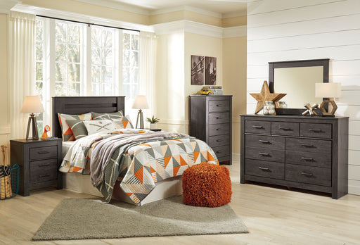 Brinxton Queen/Full Panel Headboard with Mirrored Dresser, Chest and Nightstand (8027129807165)