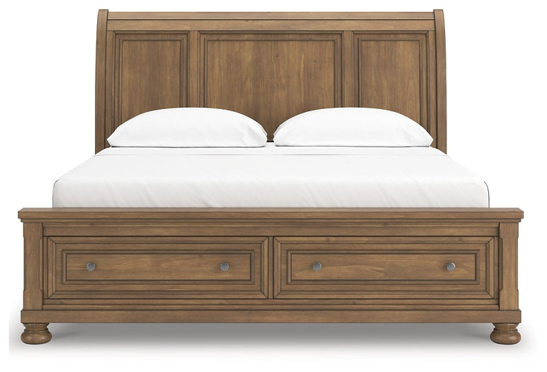 Feddinger California King Storage Sleigh Bed with Mirrored Dresser and Nightstand