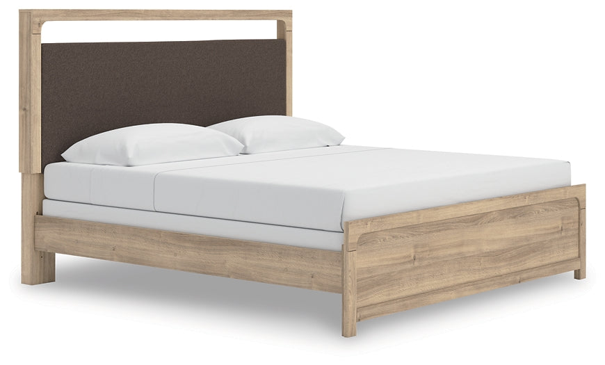 Kinlanni King Upholstered Panel Bed, Dresser and Mirror