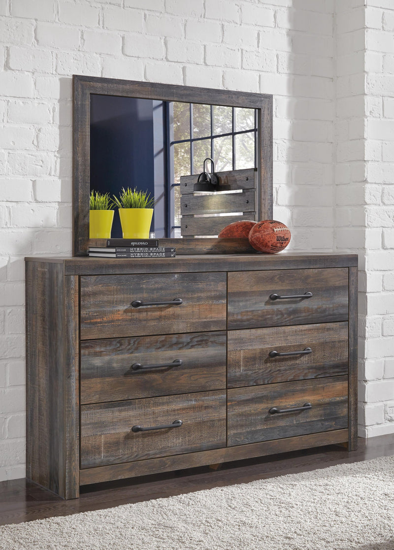 Drystan Queen Panel Bed with 2 Storage Drawers with Mirrored Dresser