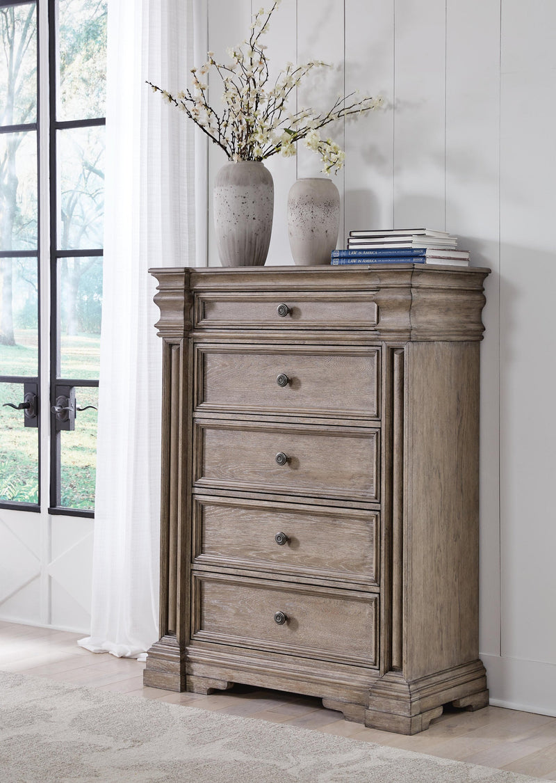 Blairhurst California King Panel Bed, Dresser, Mirror, Chest and Nightstand