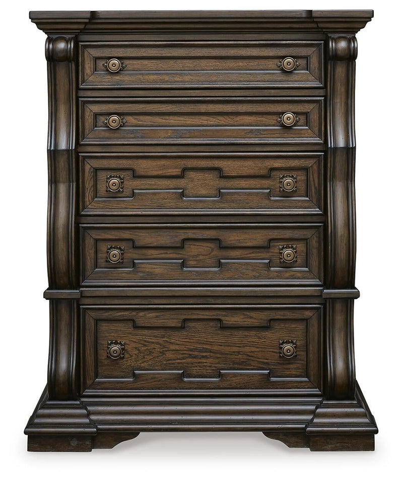 Maylee King Upholstered Bed, Dresser, Mirror, Chest and Nightstand