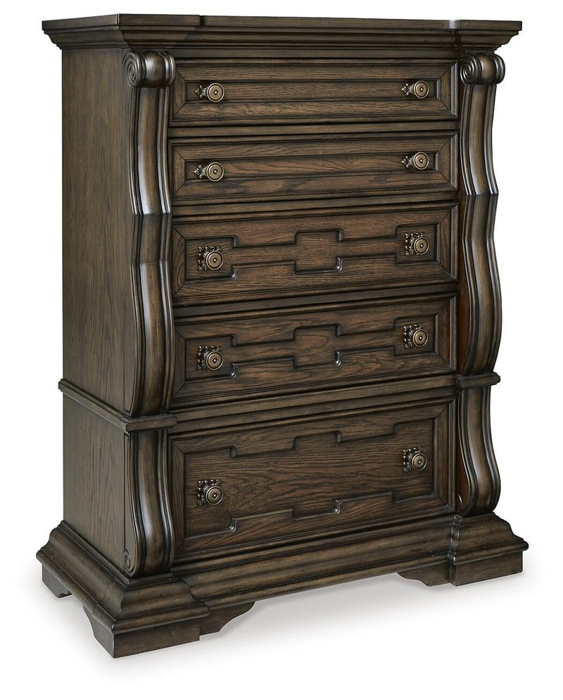 Maylee Queen Upholstered Bed, Dresser, Mirror, Chest and Nightstand