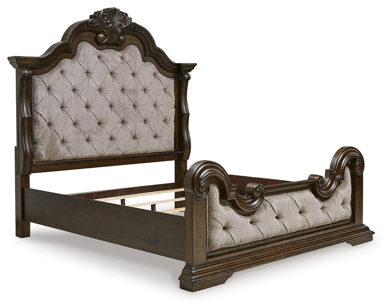 Maylee Queen Upholstered Bed with Mirrored Dresser and Nightstand