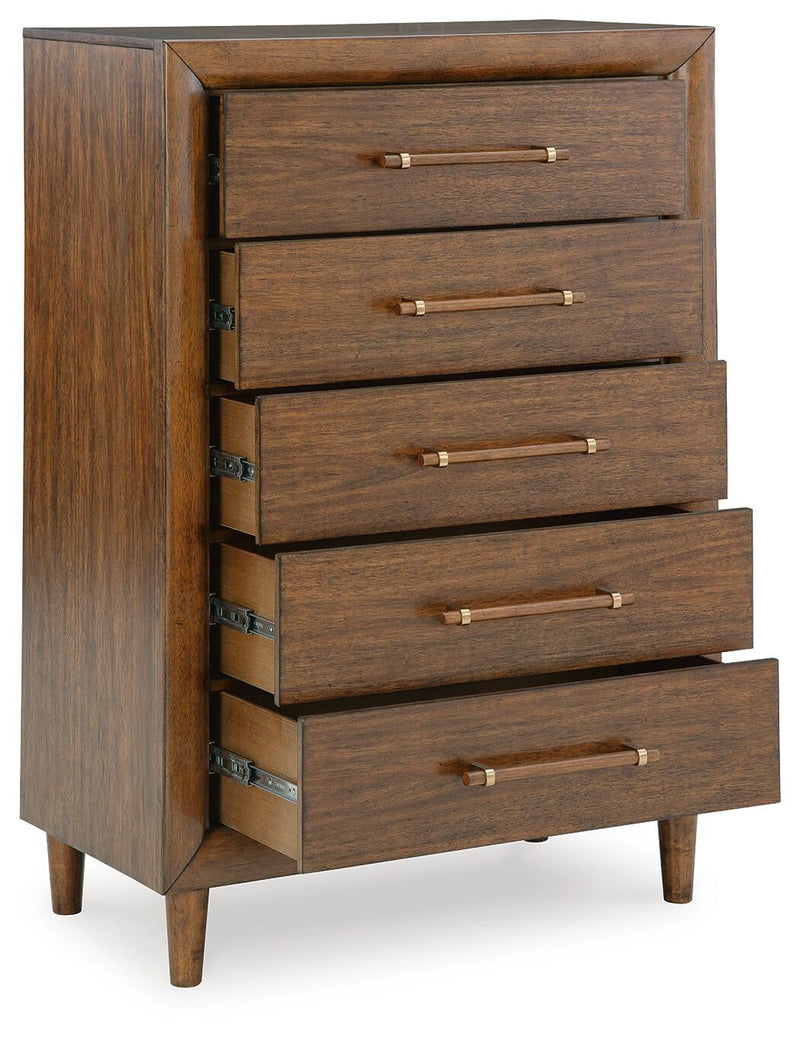 Lyncott Queen Upholstered Panel Bed, Dresser, Mirror, Chest and Nightstand