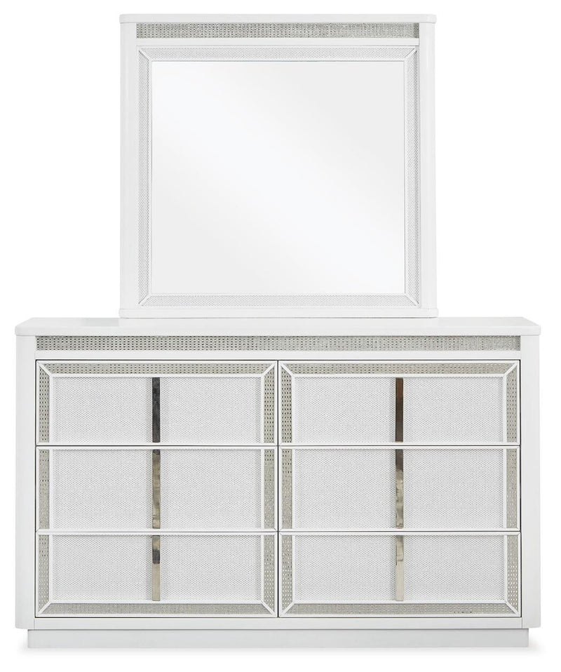 Chalanna Queen Upholstered Storage Bed with Mirrored Dresser