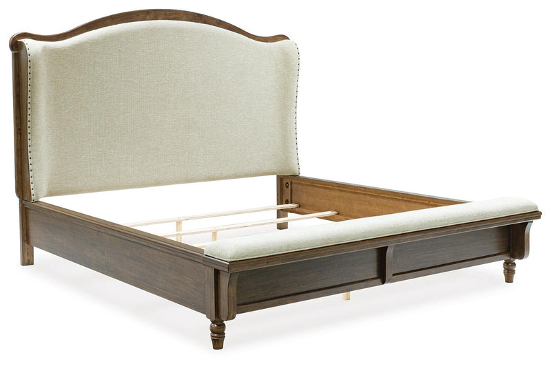 Sturlayne Queen Upholstered Panel Bed, Dresser and Mirror