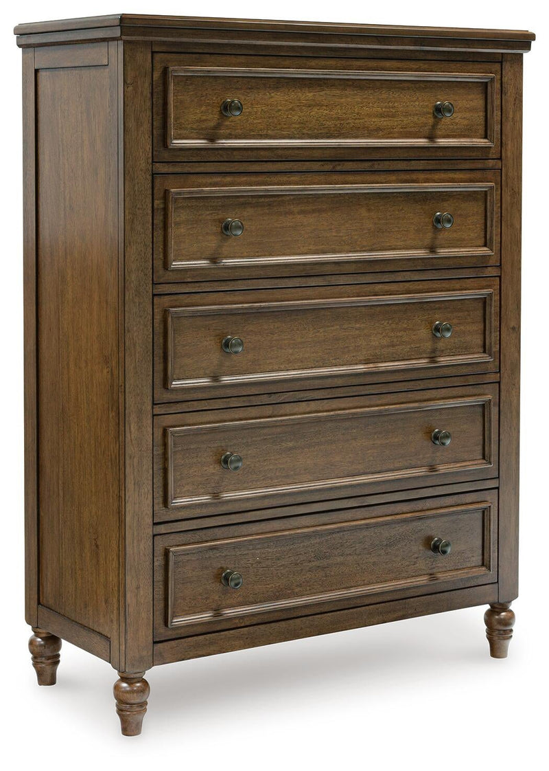 Sturlayne California King Upholstered Panel Bed, Dresser, Mirror, Chest and Nightstand