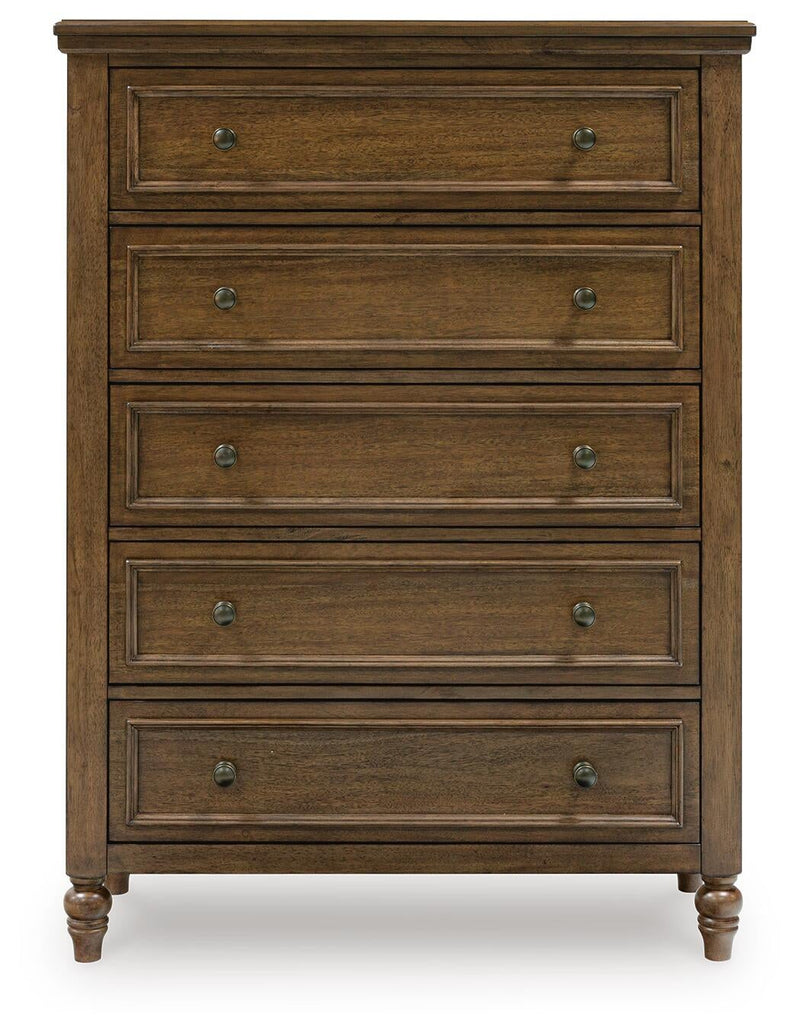 Sturlayne King Upholstered Panel Bed, Dresser, Mirror, Chest and Nightstand