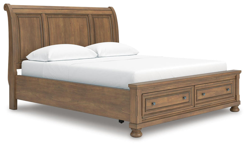 Vandenmore California King Storage Sleigh Bed with Mirrored Dresser and Nightstand