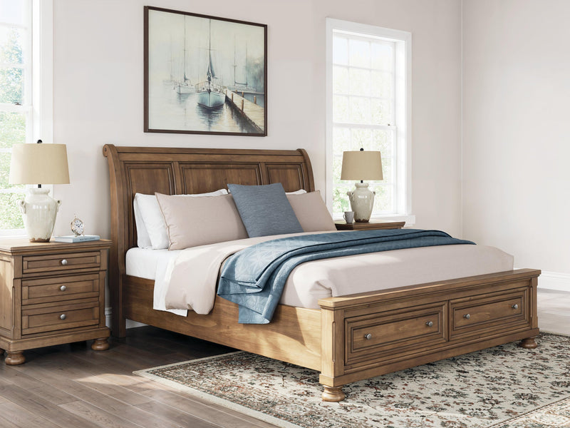 Vandenmore California King Storage Sleigh Bed with Mirrored Dresser and Nightstand