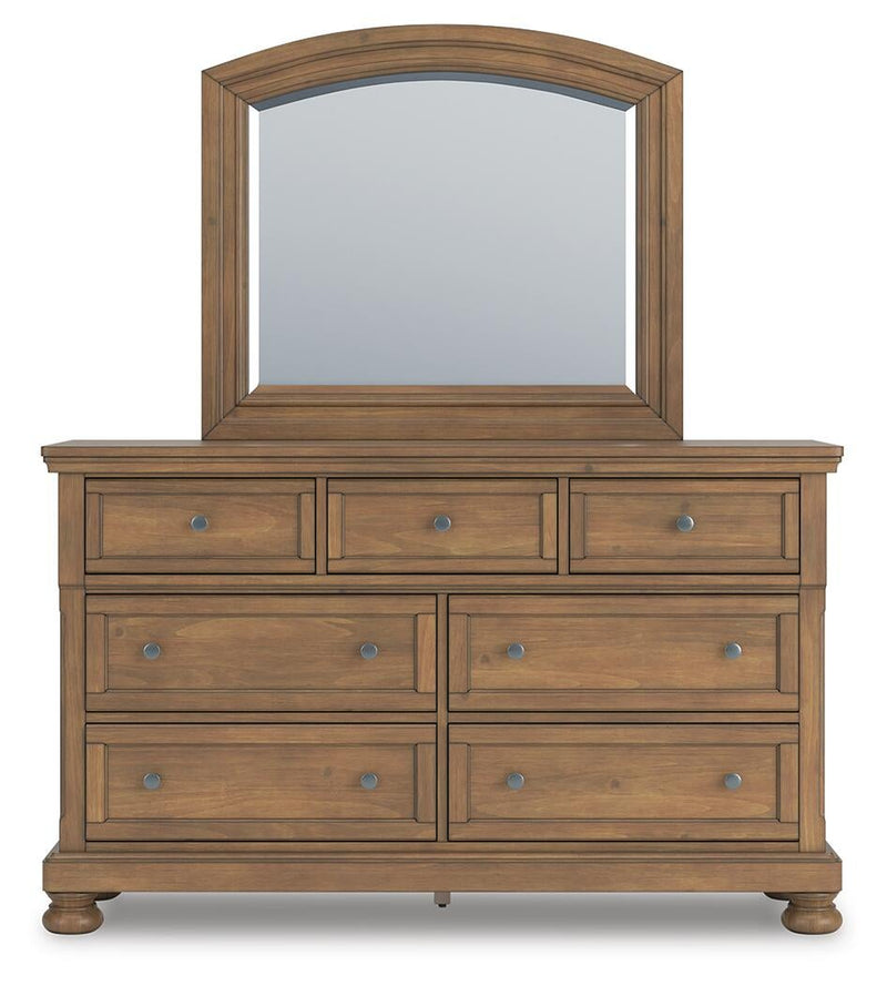 Vandenmore California King Panel Bed with Mirrored Dresser, Chest and Nightstand