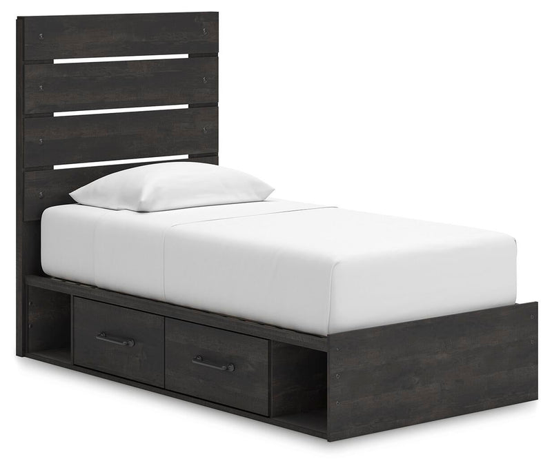 Delmorta Twin Panel Storage Bed, Dresser, Mirror, Chest and Nightstand