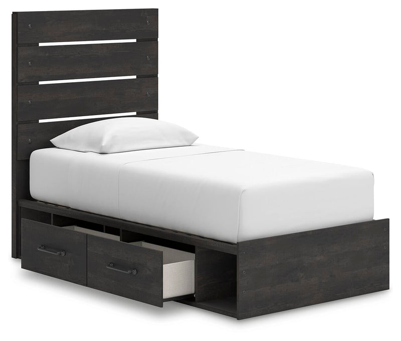 Delmorta Twin Panel Storage Bed, Dresser and Mirror