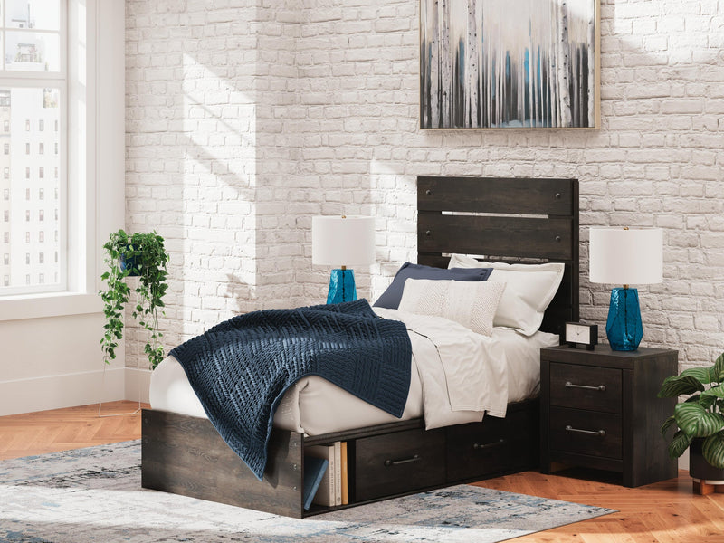 Delmorta Twin Panel Storage Bed, Dresser and Mirror