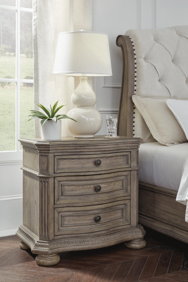 Ardenfield King Upholstered Sleigh Bed, Dresser, Mirror and Nightstand