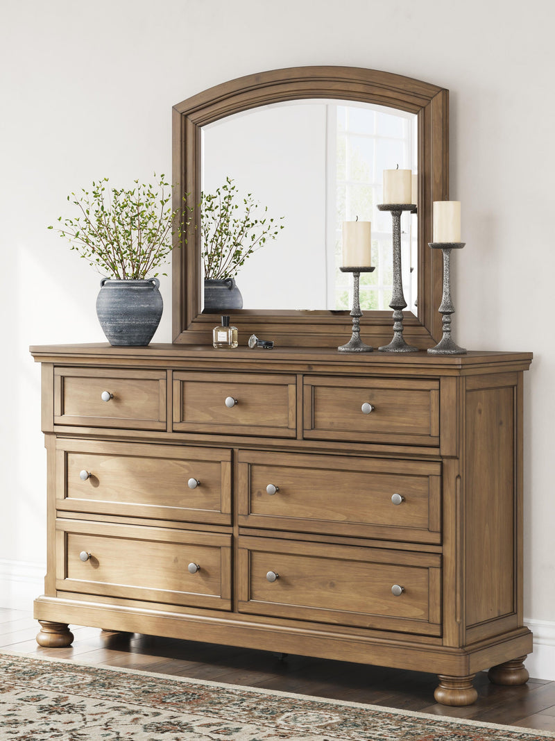 Vandenmore Queen Storage Sleigh Bed with Mirrored Dresser