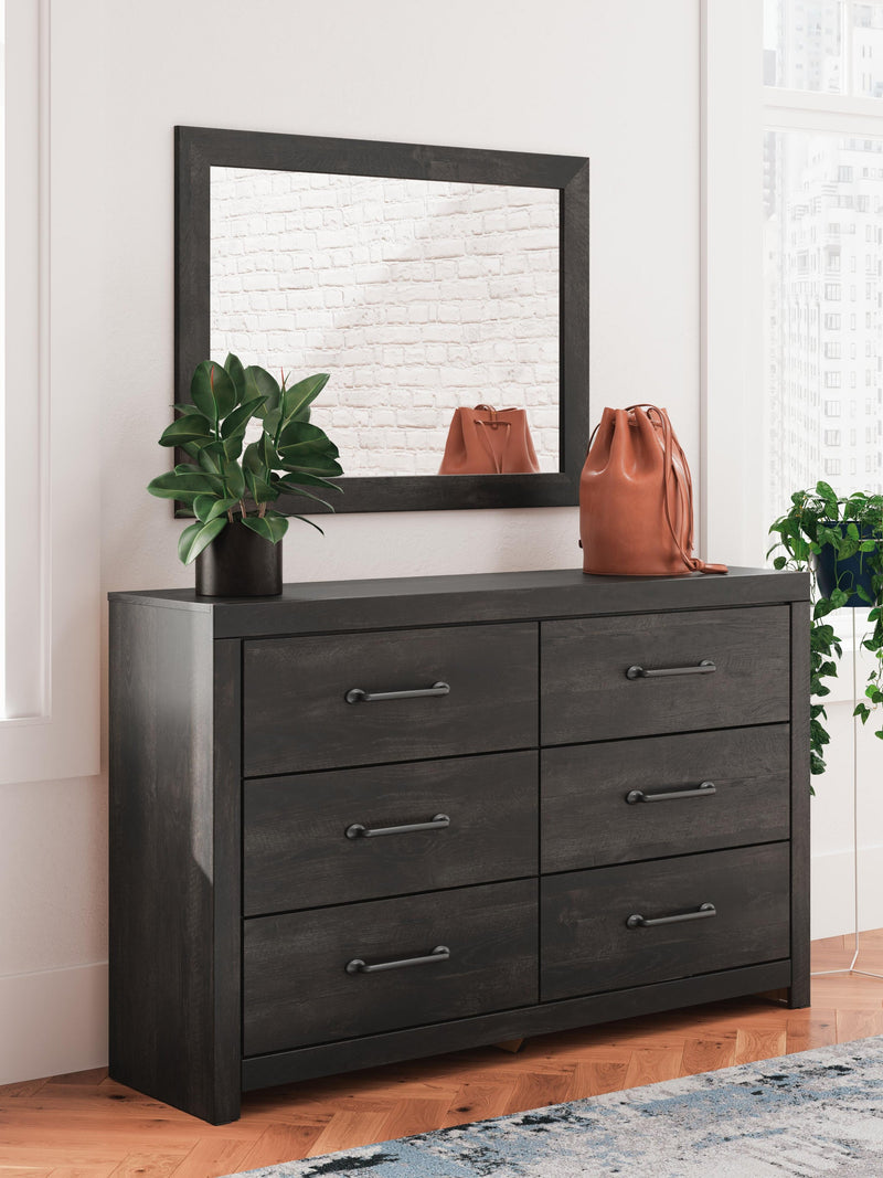 Delmorta Full Panel Bed with Storage, Dresser, Mirror, Chest and Nightstand
