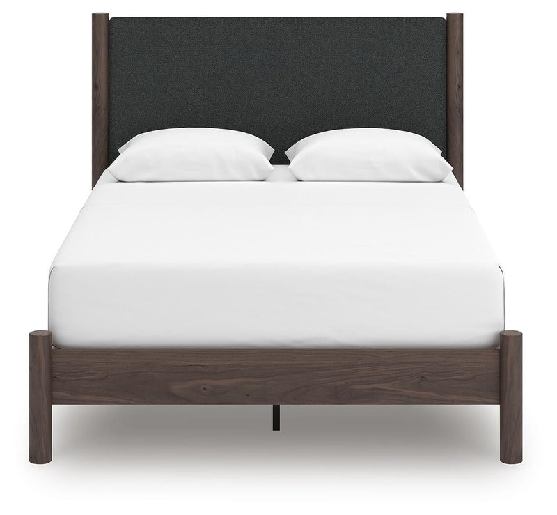 Cadmori Queen Upholstered Panel Platform Bed, Dresser and Mirror