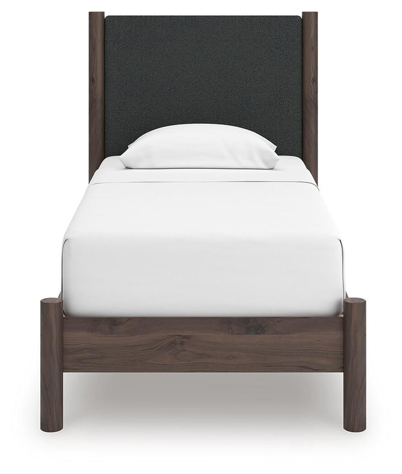 Cadmori Twin Upholstered Panel Platform Bed, Dresser, Mirror, Chest and Nightstand