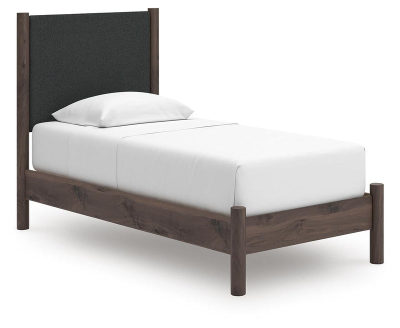 Cadmori Twin Upholstered Panel Platform Bed, Dresser, Mirror, Chest and Nightstand