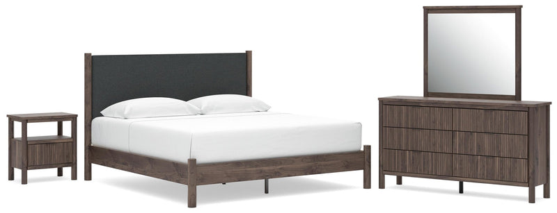 Pamytta King Upholstered Panel Platform Bed, Dresser, Mirror and Nightstand