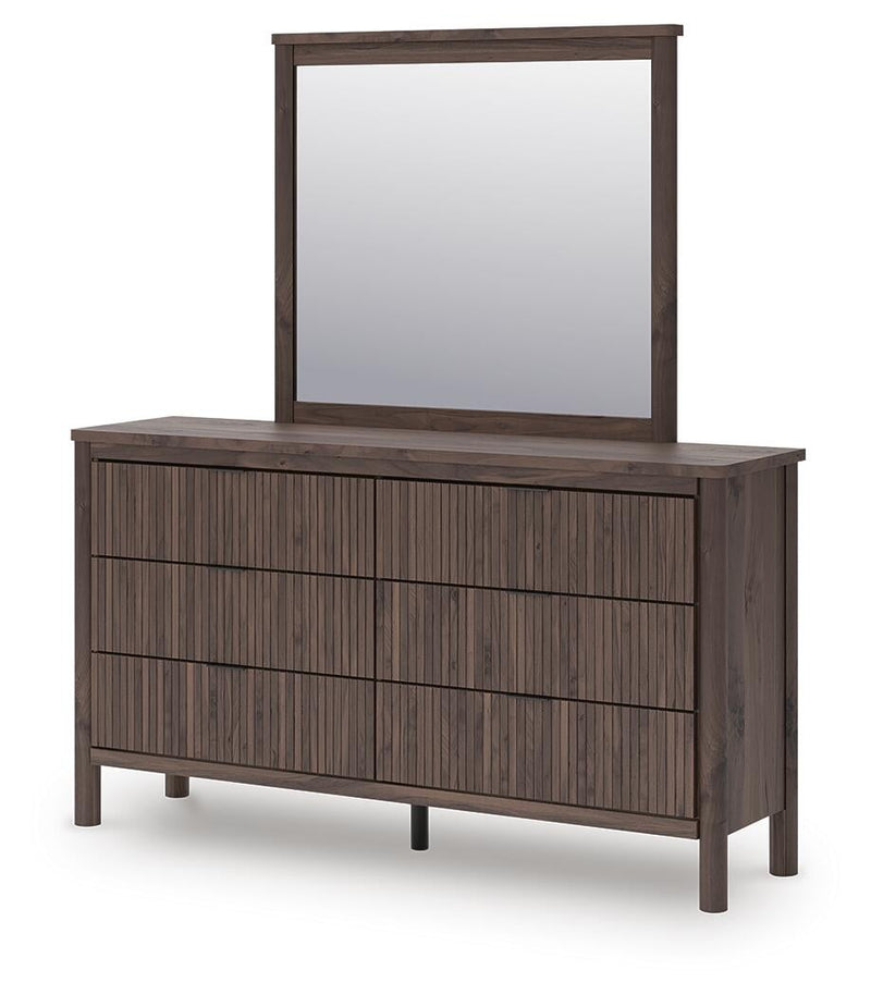 Pamytta King Upholstered Panel Platform Bed, Dresser, Mirror and Nightstand