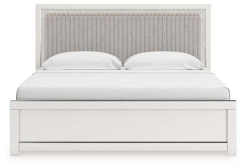 Birmonton King Upholstered Panel Platform Bed, Dresser and Mirror