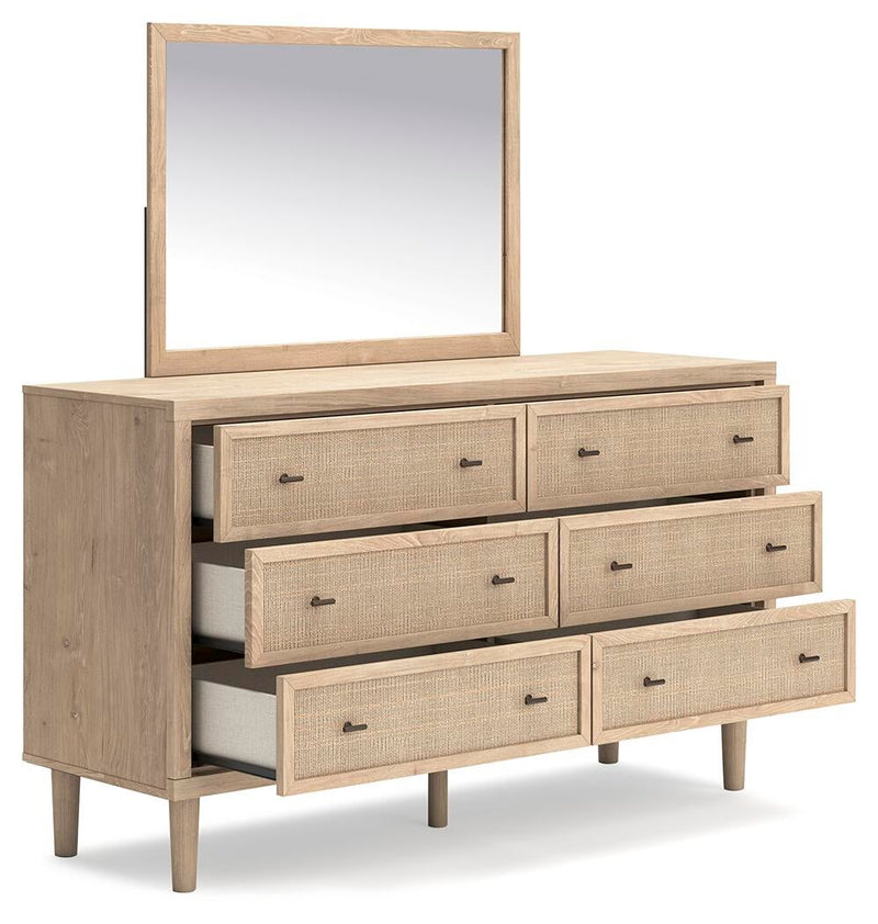 Cielden Full Upholstered Bed with Roll Slats, Dresser and Mirror