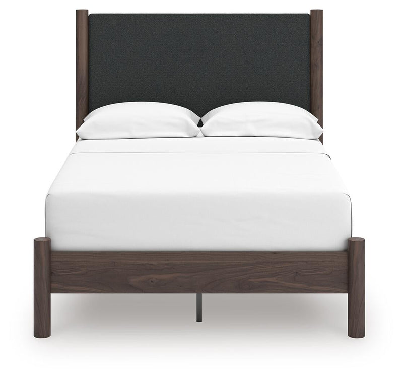 Cadmori Full Upholstered Panel Platform Bed, Dresser and Mirror