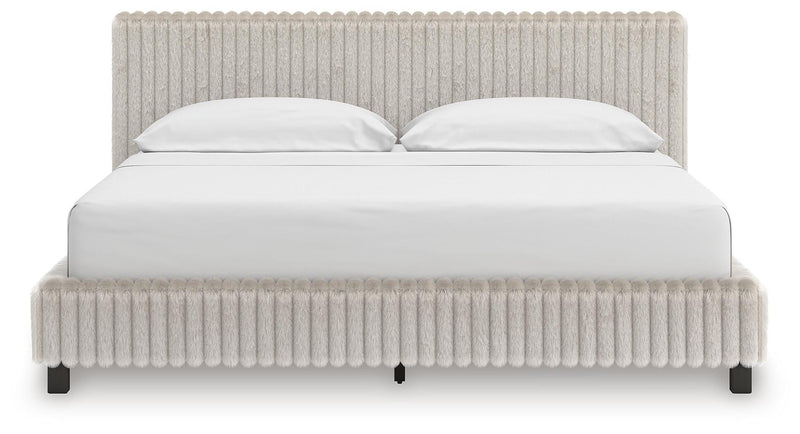 Birmonton California King Upholstered Bed, Dresser, Mirror and Nightstand