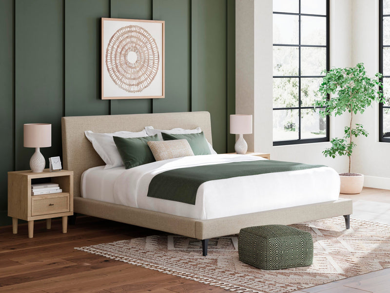Cielden King Upholstered Bed with Roll Slats, Dresser, Mirror, Chest and Nightstand