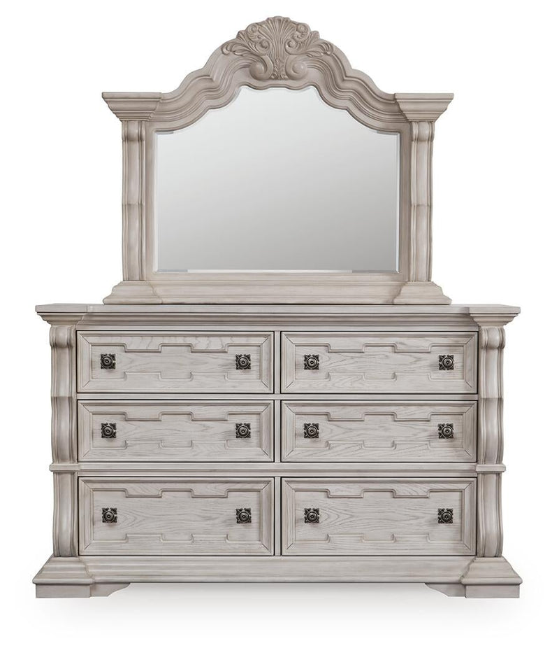 Andonhall King Upholstered Panel Bed with Mirrored Dresser and Nightstand