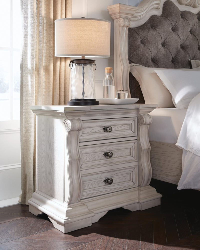 Andonhall King Upholstered Panel Bed with Mirrored Dresser and Nightstand