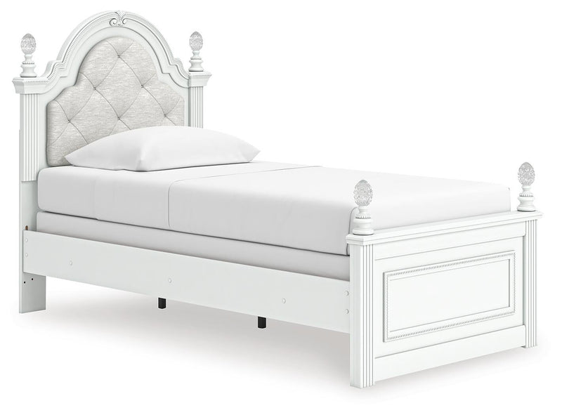 Maylilly Twin Upholstered Panel Bed, Dresser and Mirror