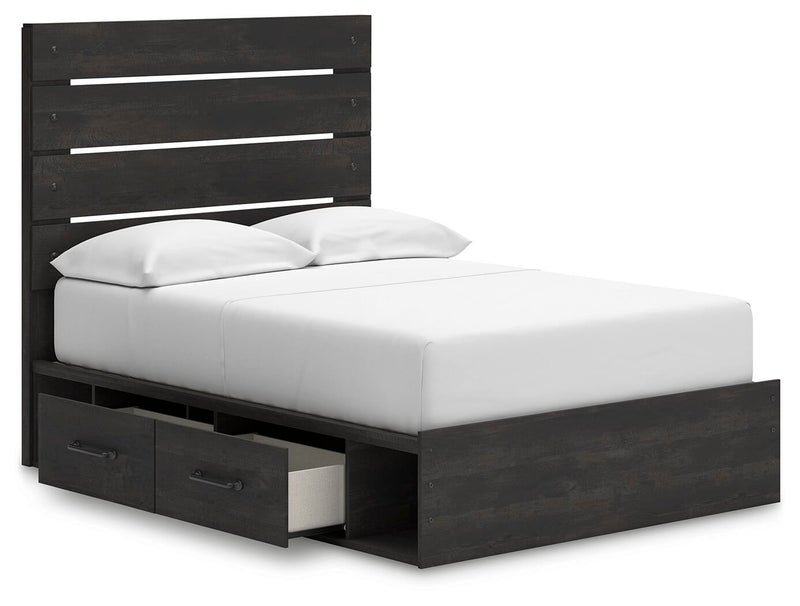Delmorta Full Panel Bed with Storage, Dresser, Mirror and Nightstand