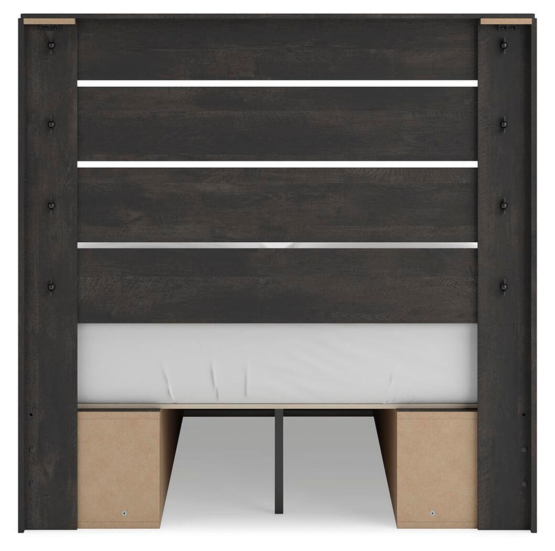 Delmorta Full Panel Bed with Storage, Dresser, Mirror, Chest and Nightstand