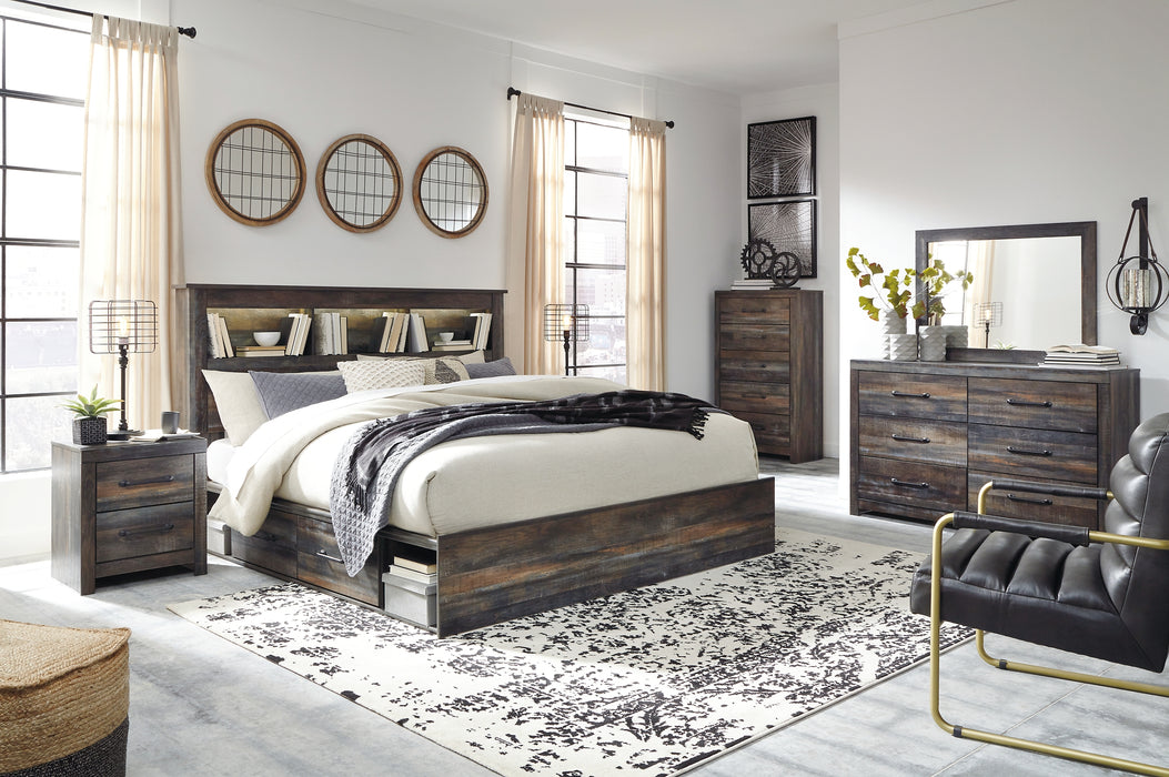 Drystan King/California King Bookcase Headboard with Mirrored Dresser, Chest and 2 Nightstands (8027143930173)