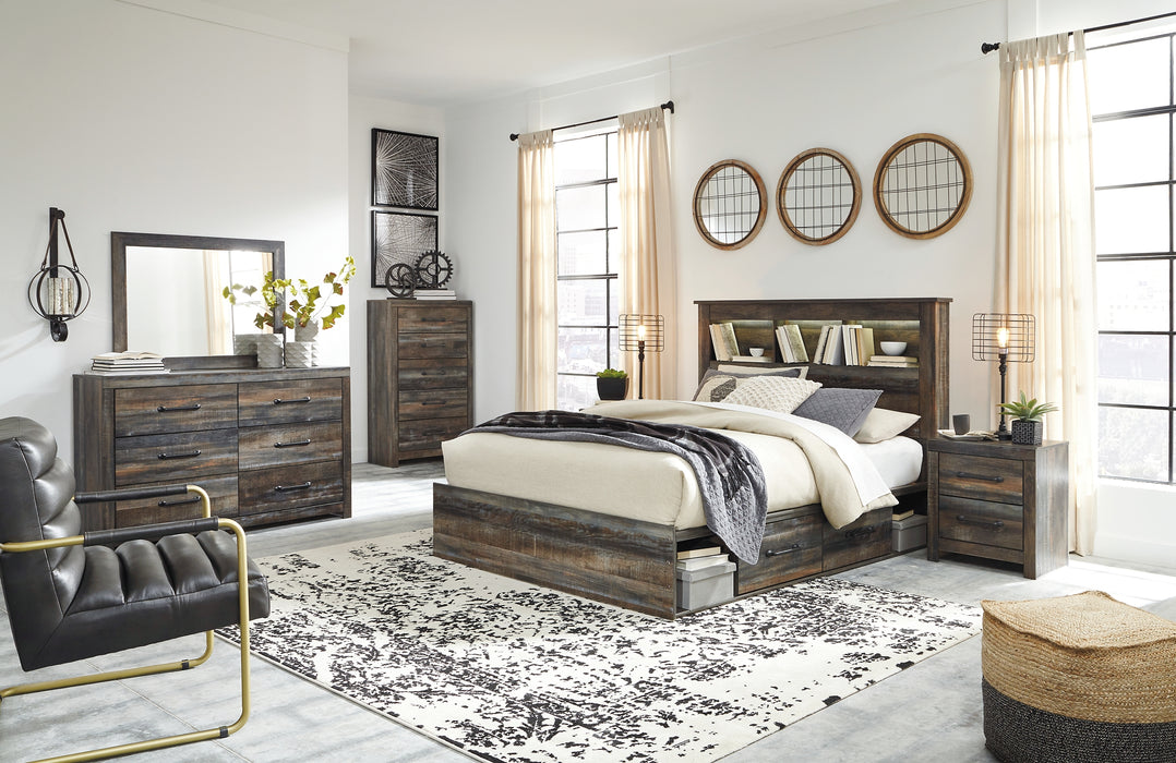 Drystan Queen Bookcase Bed with 2 Storage Drawers with Mirrored Dresser, Chest and 2 Nightstands (8027065811261)