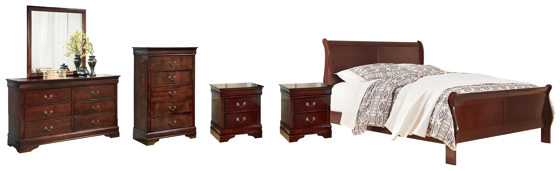 Alisdair California King Sleigh Bed with Mirrored Dresser, Chest and 2 Nightstands (8027105591613)
