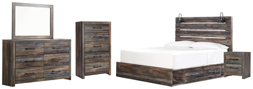 Drystan King Panel Bed with 2 Storage Drawers with Mirrored Dresser, Chest and Nightstand (8027154678077)