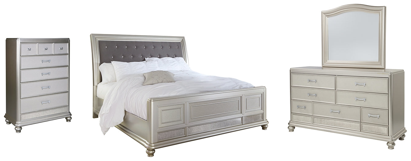 Coralayne California King Upholstered Sleigh Bed with Mirrored Dresser and Chest (8027142324541)