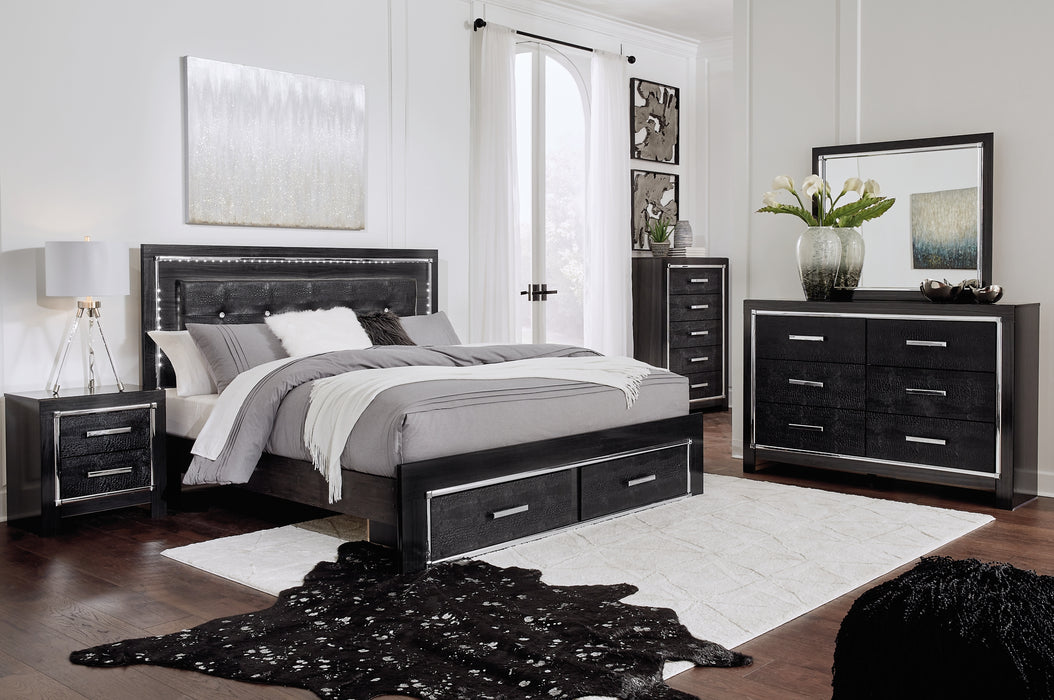 Kaydell King Panel Bed with Storage with Mirrored Dresser, Chest and Nightstand (8027066925373)